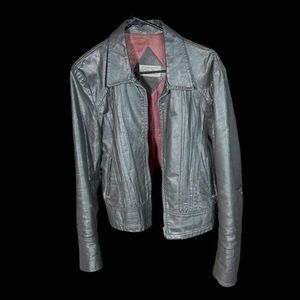 Vintage Grey Moto Punk Leather Biker Jacket Full Zip